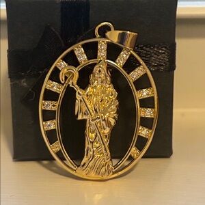 Gold Plated Grim Reaper Pendant Halo CZ Circle Saint Death Santa Muerte Charm